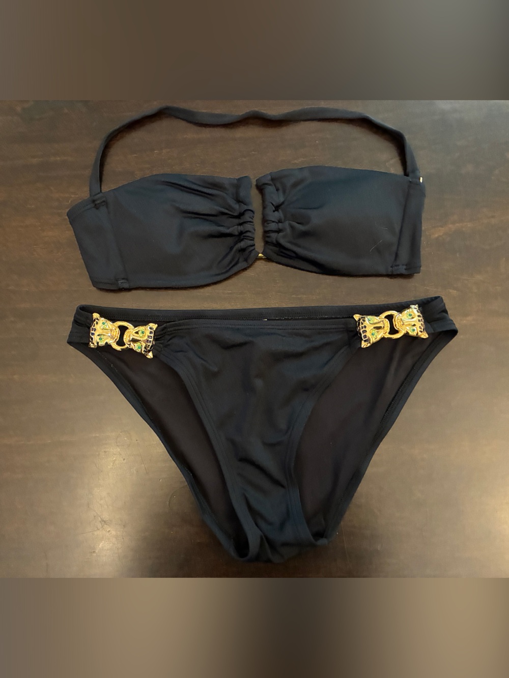 Victoria's Secret Black Bikini with Gold Bejeweled Jaguars on the hips Sz XS